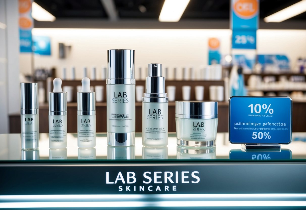 A sleek, modern display featuring Lab Series skincare products with promotional banners and discount signs