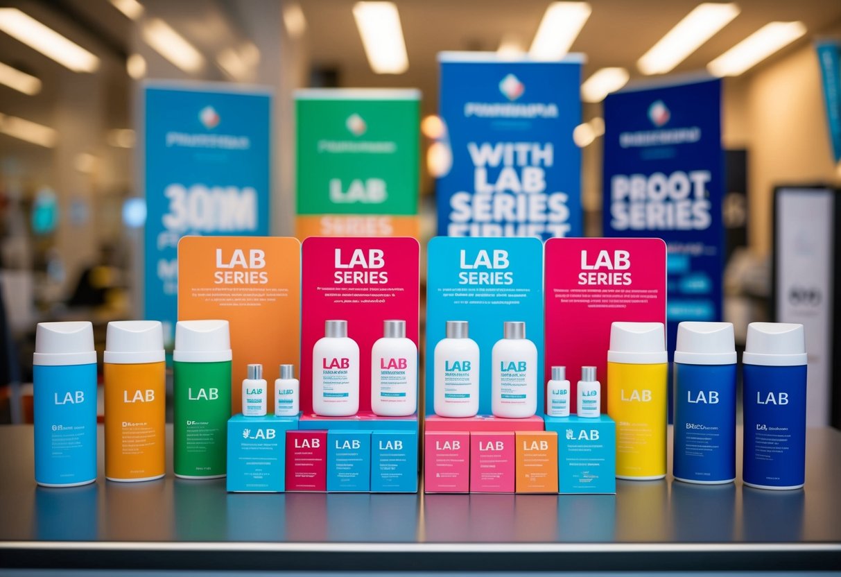 A colorful display of lab series products with promotional banners and signs