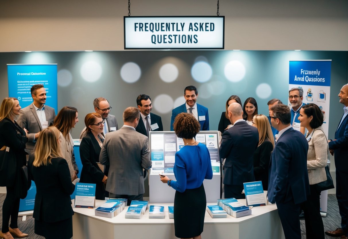 A group of people gather around a display of promotional materials, with a sign reading "Frequently Asked Questions" above