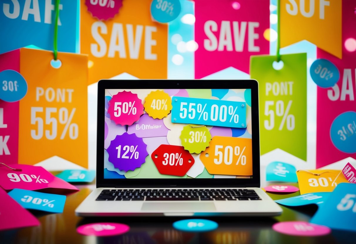 A laptop surrounded by bright, colorful promotional banners and discount tags