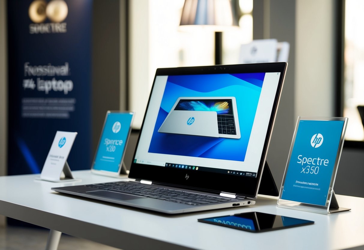 A sleek HP Spectre x360 laptop displayed with promotional banners and accessories on a modern, minimalist desk