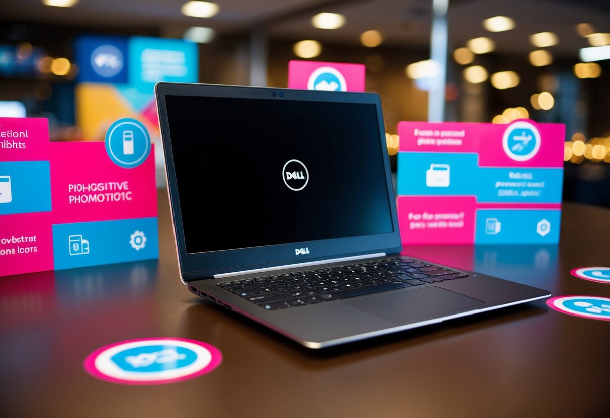 A sleek Dell XPS 13 laptop surrounded by vibrant promotional graphics and icons