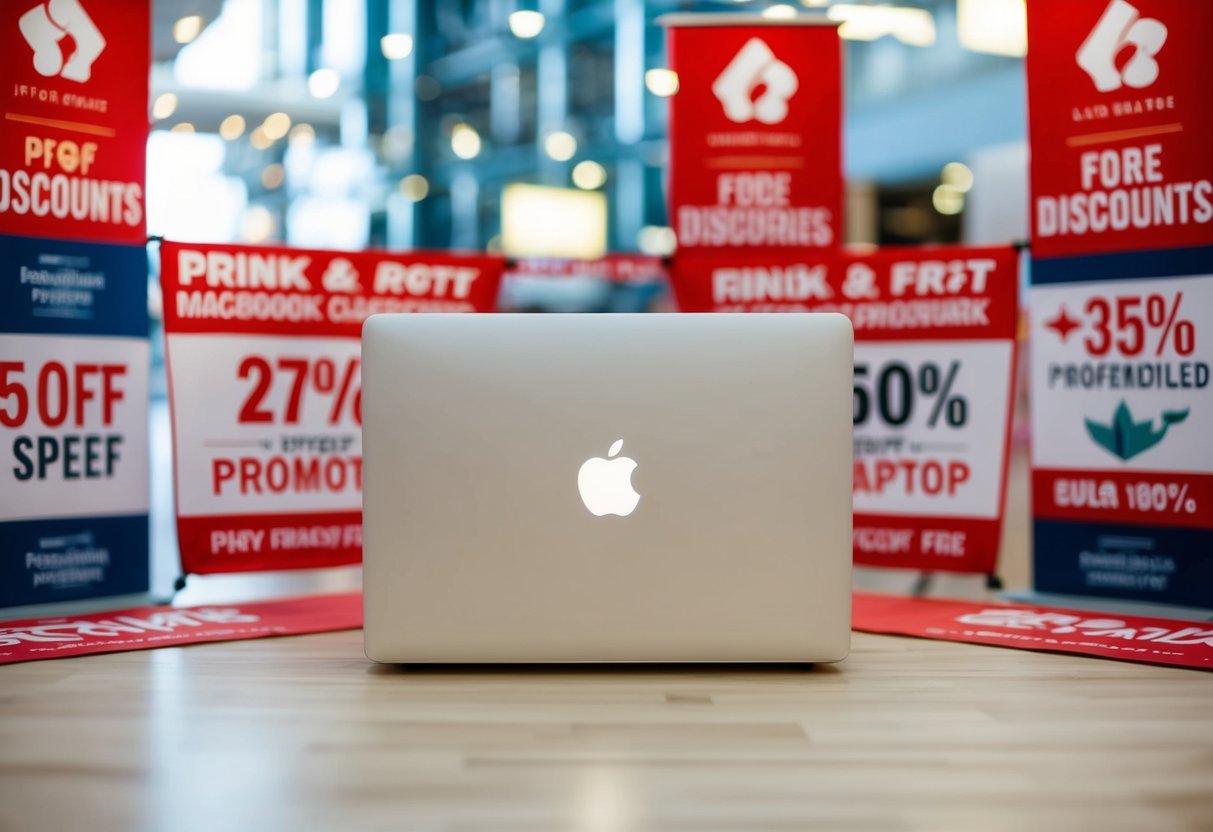An Apple MacBook Air M2 laptop surrounded by promotional banners and discounts