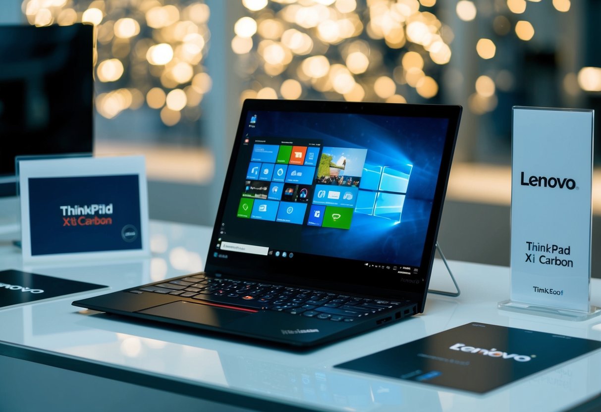 A sleek Lenovo ThinkPad X1 Carbon laptop displayed with promotional materials on a clean, modern desk