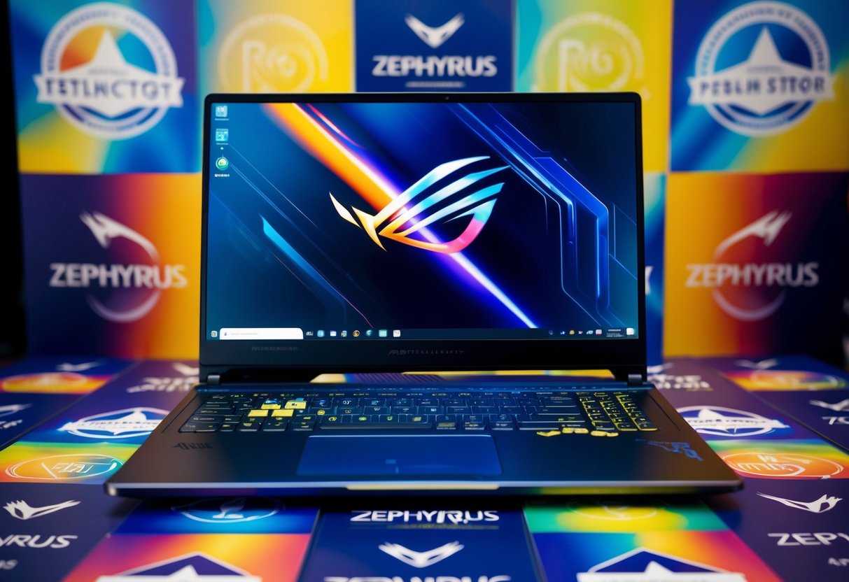 A sleek Asus ROG Zephyrus G14 laptop surrounded by colorful promotional graphics and logos