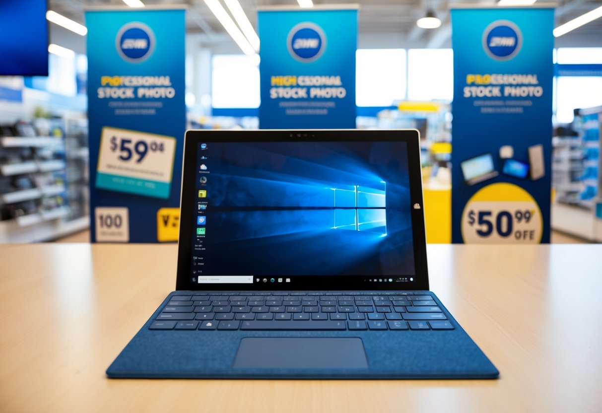 A sleek Microsoft Surface Laptop 5 displayed with promotional banners and discounts in a bright, modern electronics store