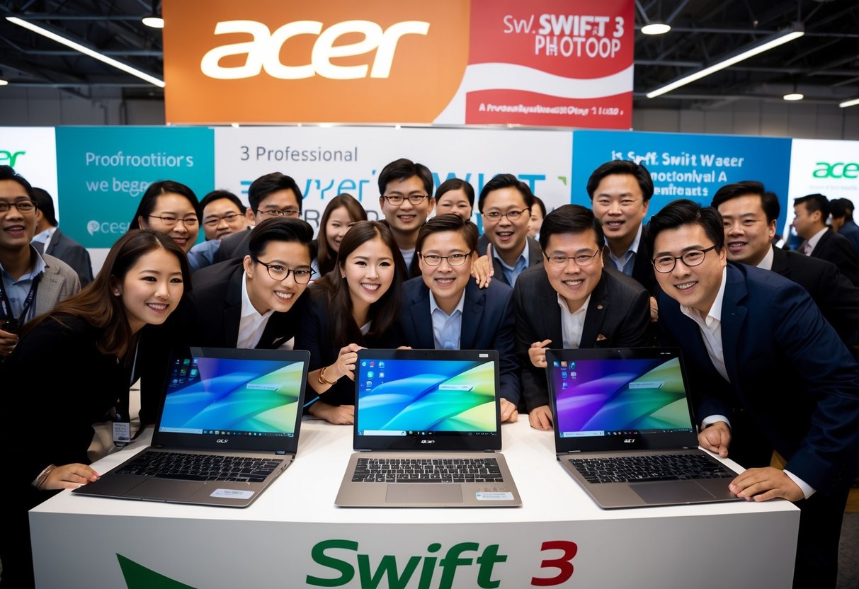 A group of people eagerly surround a display of Acer Swift 3 laptops, with promotional signs and banners visible in the background