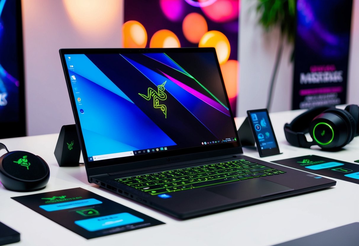 A sleek Razer Blade 16 laptop displayed with vibrant promotional graphics and surrounded by tech accessories