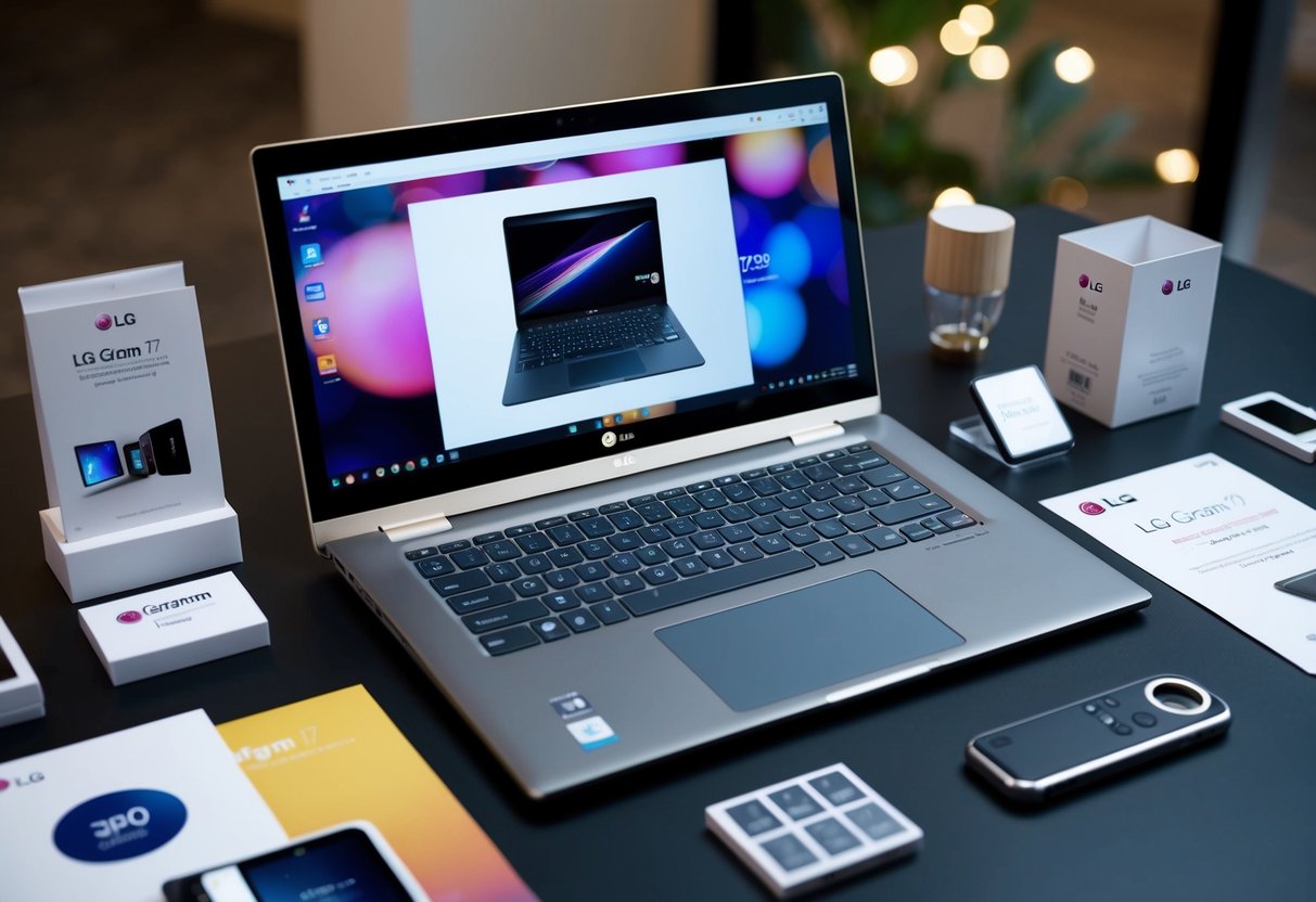An open laptop with LG Gram 17 displayed on the screen, surrounded by promotional materials and accessories