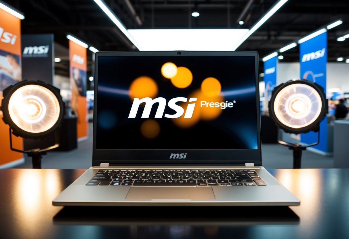 A sleek MSI Prestige 14 laptop displayed with promotional banners and bright spotlights in a retail store