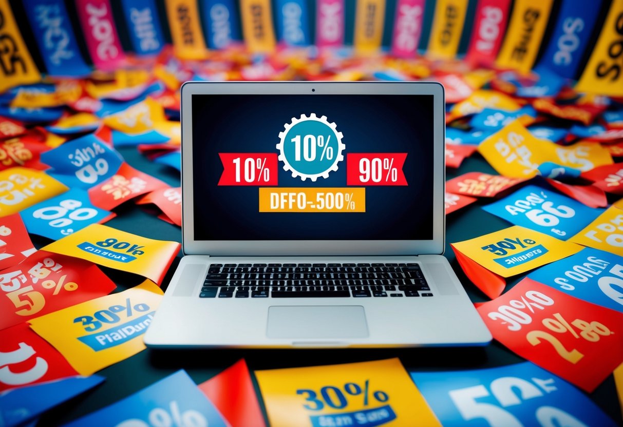 A laptop surrounded by colorful promotional banners and discount stickers