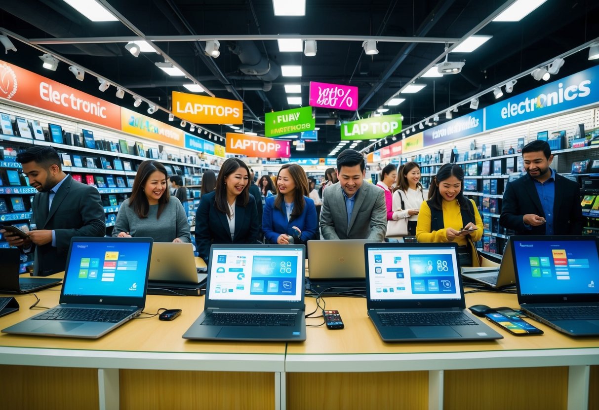 A bustling electronics store with laptops displayed on shelves, surrounded by colorful promotional signs and excited customers browsing for deals
