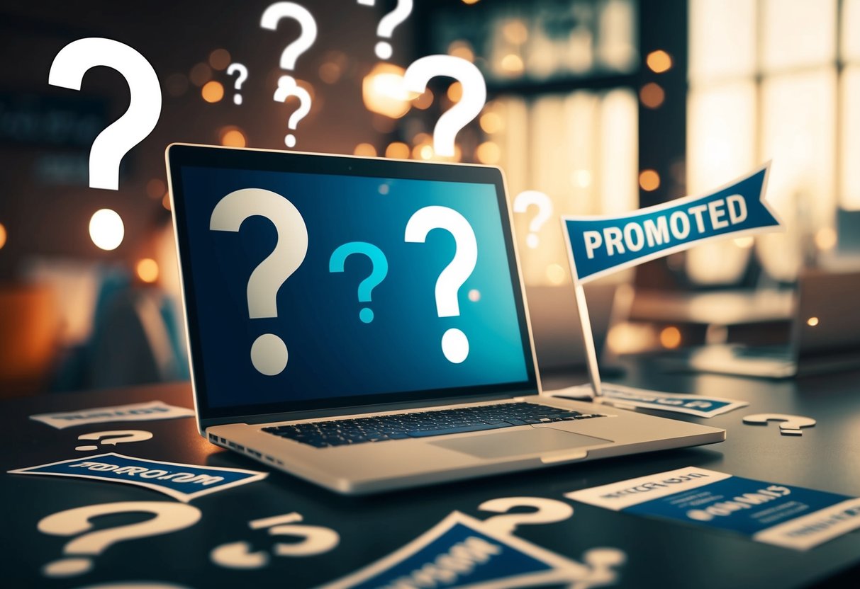 A laptop surrounded by question marks and promotional banners
