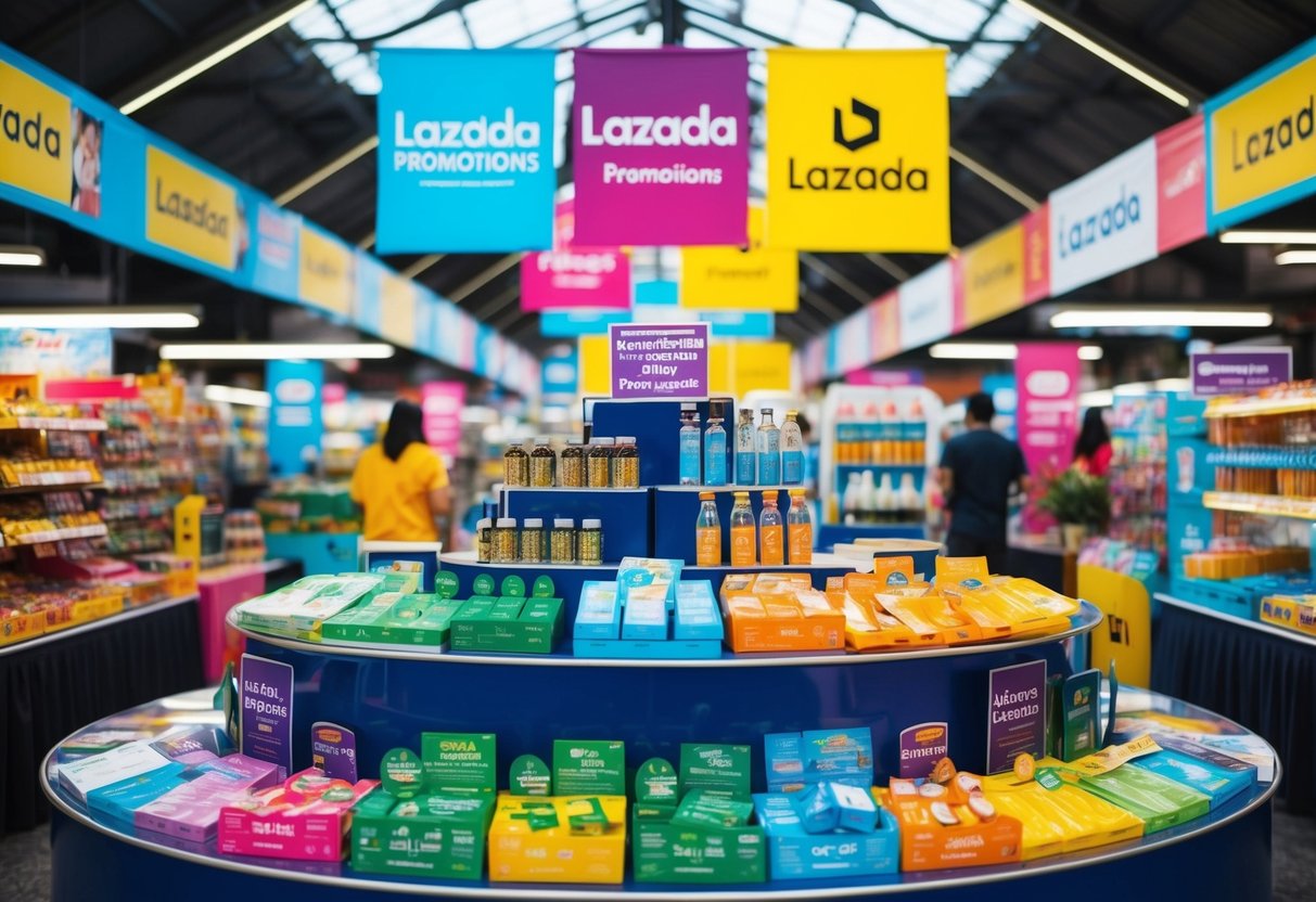 A vibrant marketplace with various products on display, surrounded by colorful banners and signs promoting Lazada promotions
