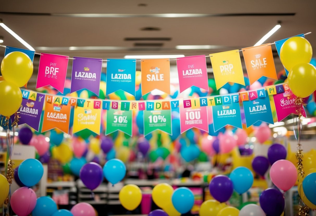 Colorful banners and balloons fill the online marketplace, celebrating the Lazada Birthday Sale with enticing promotions