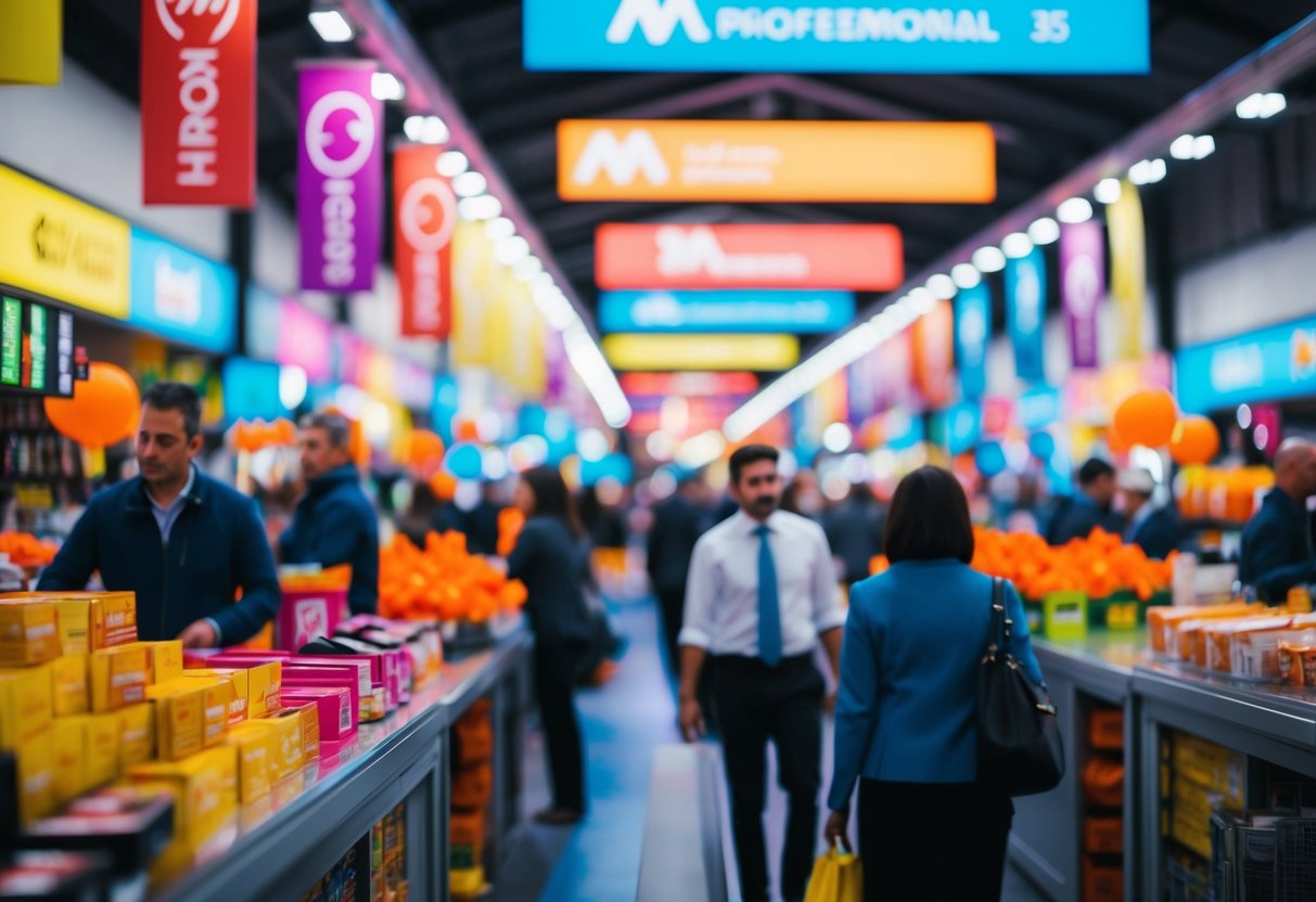 A bustling online marketplace with colorful banners and discounted products