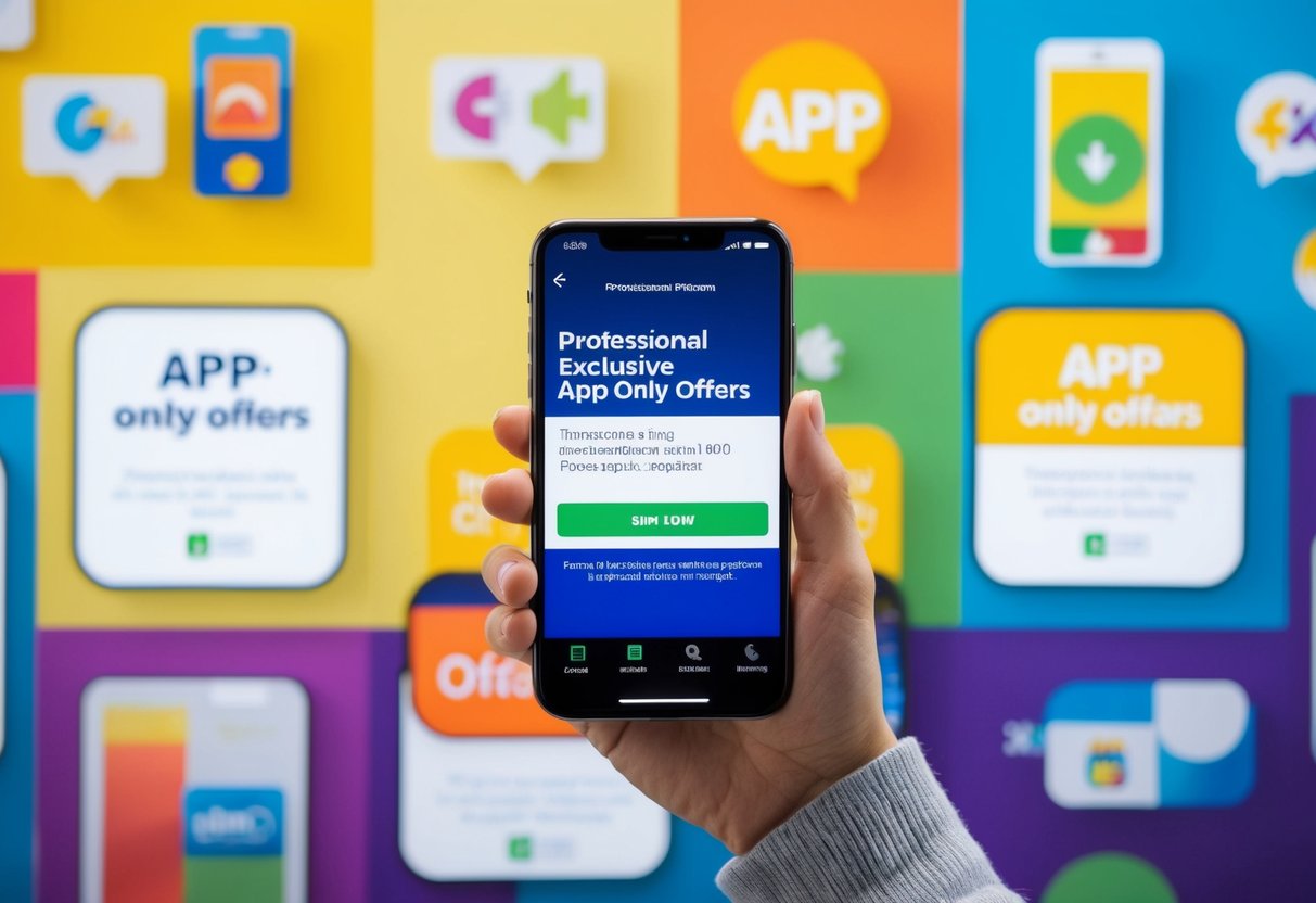 A smartphone displaying exclusive app-only offers on a colorful background with promotional graphics and icons