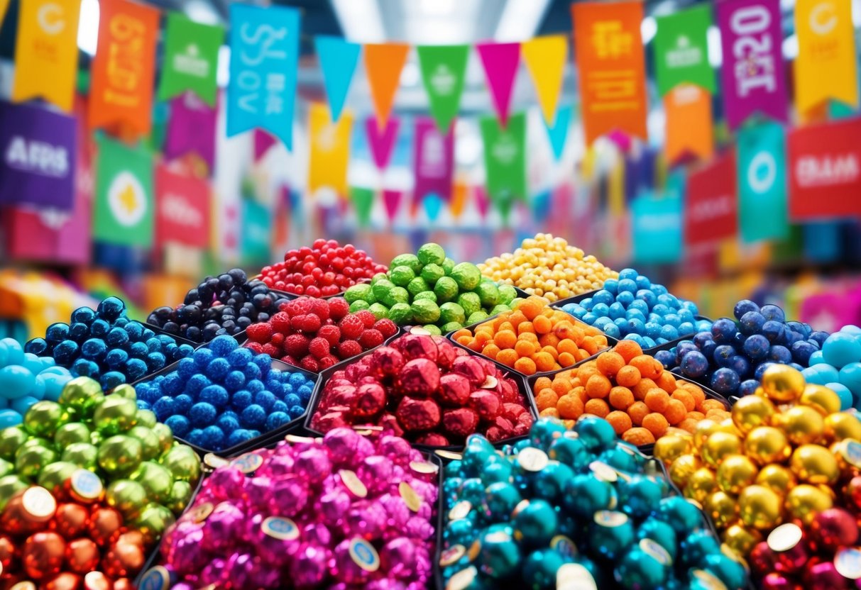 A colorful array of discounted products, surrounded by vibrant banners and logos, with a sense of excitement and opportunity in the air