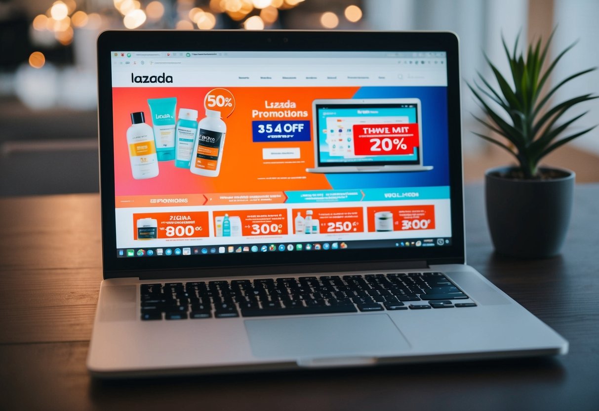 A laptop displaying Lazada promotions with various products and discounts