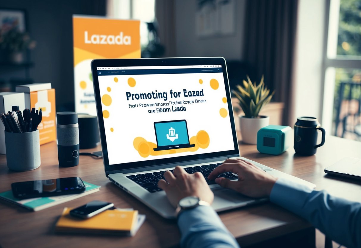 A laptop open on a desk, surrounded by various products and a promotional banner for Lazada