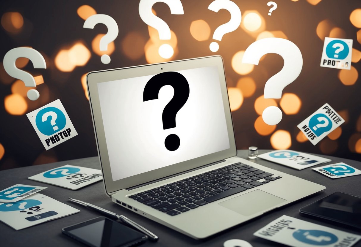A laptop surrounded by question marks and promotional items