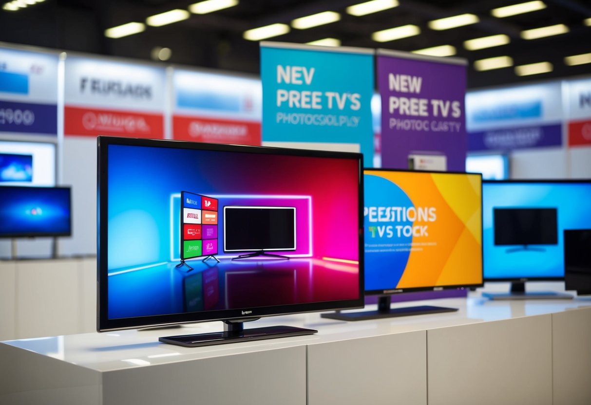 A colorful display of LED TVs with promotional banners and bright lights
