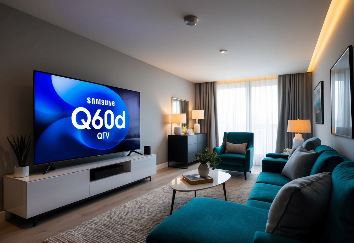 A living room with a Samsung QLED Q60A LED TV as the focal point, surrounded by comfortable seating and ambient lighting