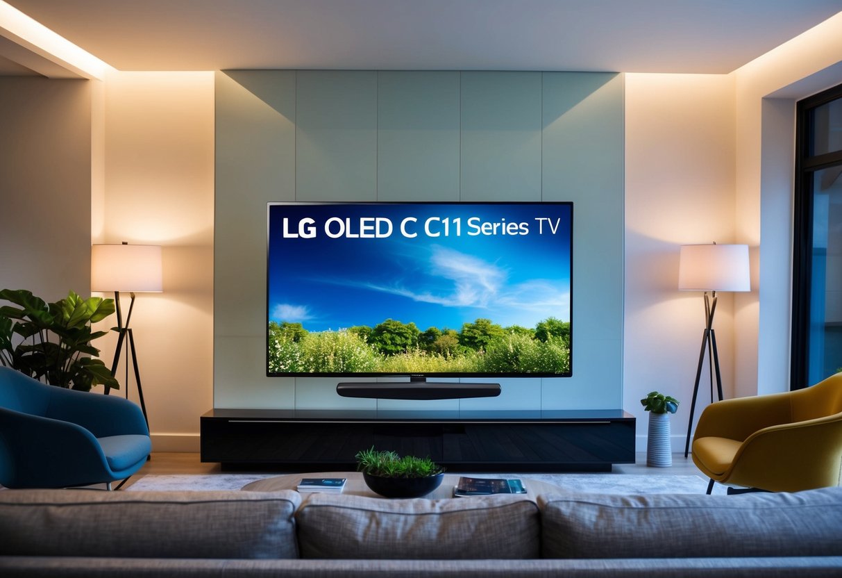 A living room with a sleek LG OLED C1 Series LED TV as the focal point, surrounded by modern furniture and soft lighting