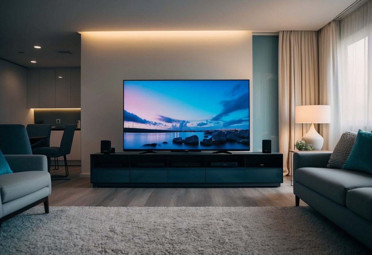 A living room with a sleek Sony BRAVIA XR A80J LED TV as the focal point, surrounded by modern furniture and soft ambient lighting