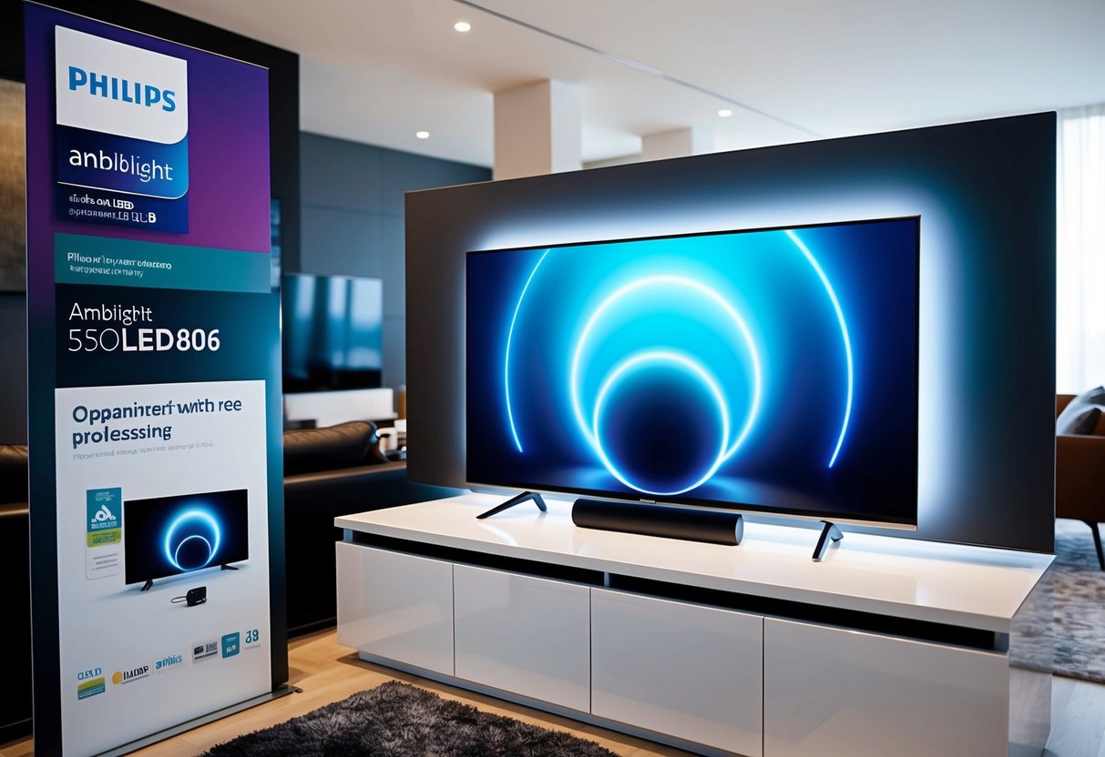 A sleek 55-inch Philips Ambilight 55OLED806 LED TV prominently displayed with promotional signage in a modern living room setting