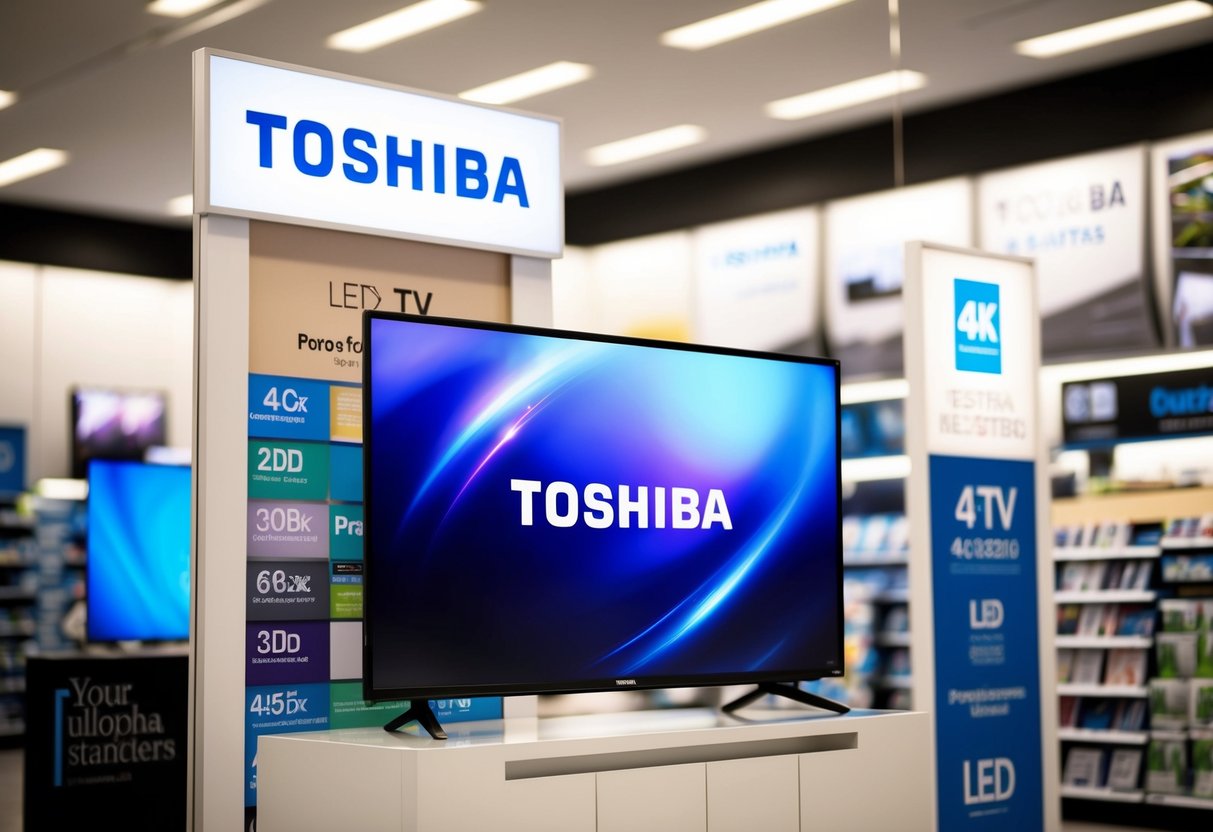 A Toshiba 43UL2063DB LED TV displayed with promotional banners and logos in a retail store