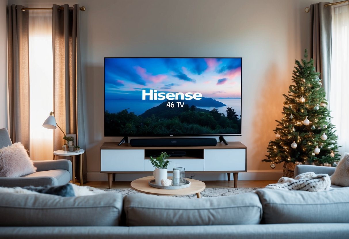 A living room with a Hisense A6G LED TV as the focal point, surrounded by cozy furniture and soft lighting