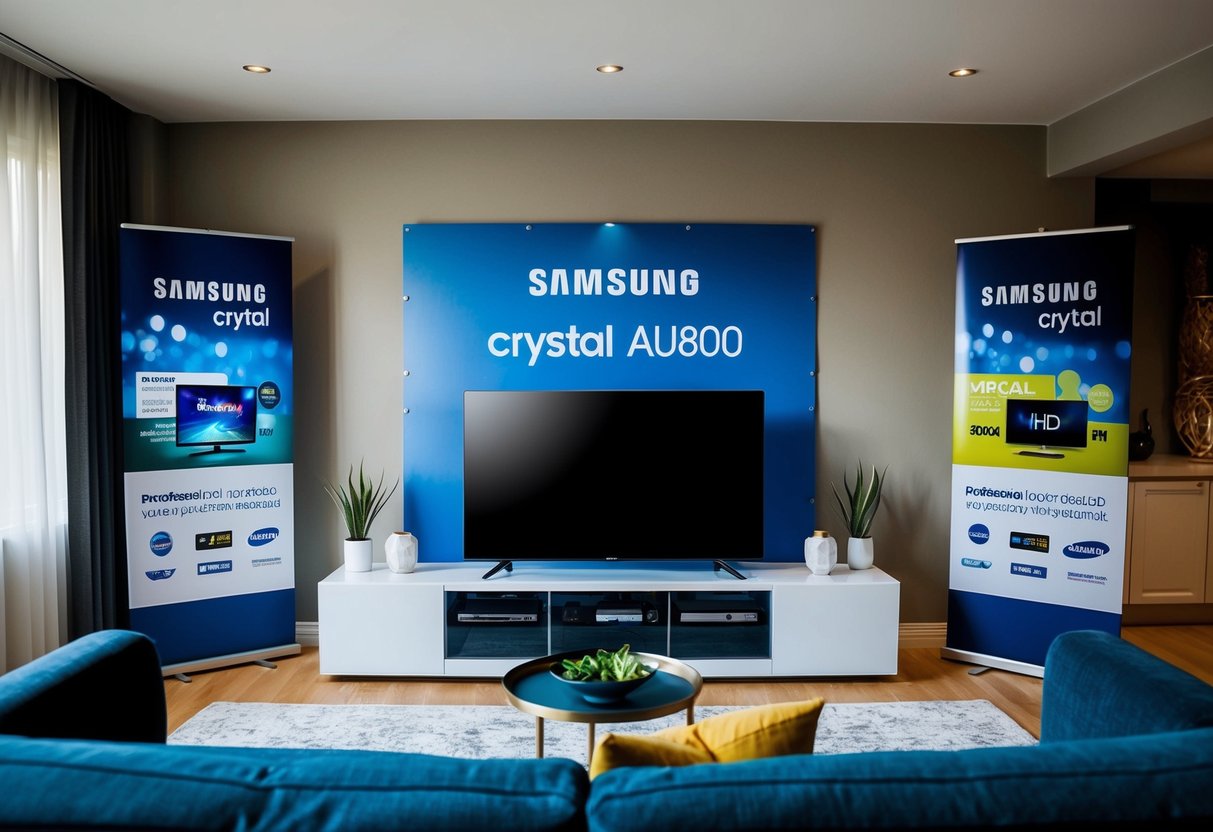 A living room with a Samsung Crystal UHD AU8000 LED TV as the focal point, surrounded by promotional banners and logos