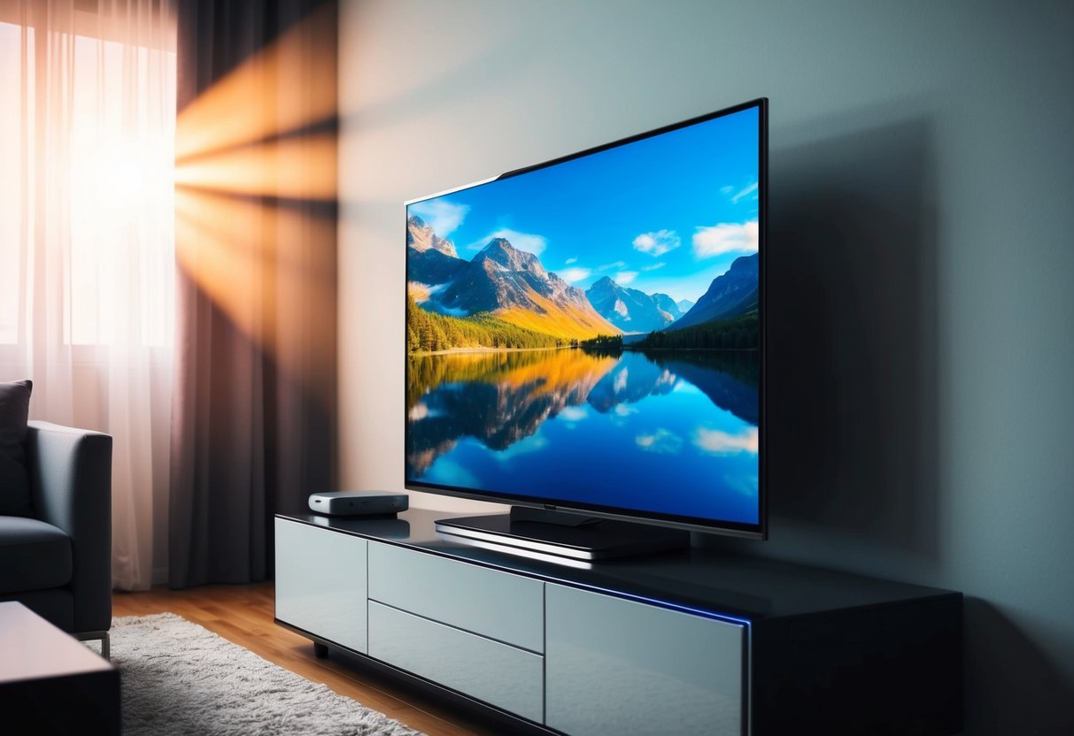 A sleek LED TV sits on a modern entertainment unit, casting a vibrant glow across the room. The screen displays vivid colors and sharp images, drawing in the viewer with its high-definition technology