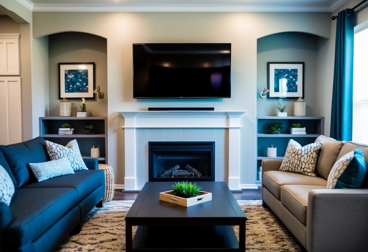 A family room with a wall-mounted LED TV surrounded by comfortable seating and a coffee table