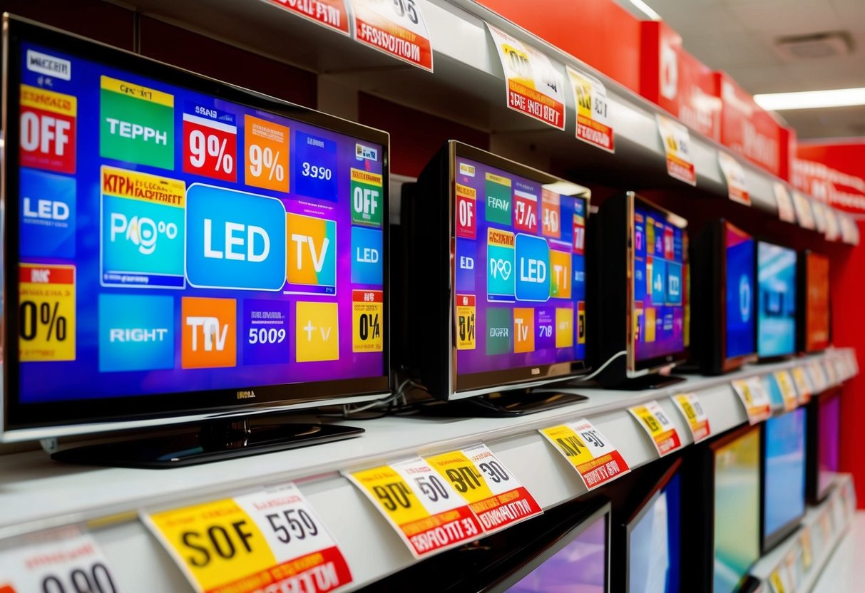 A colorful display of LED TVs with promotional tags and discount stickers