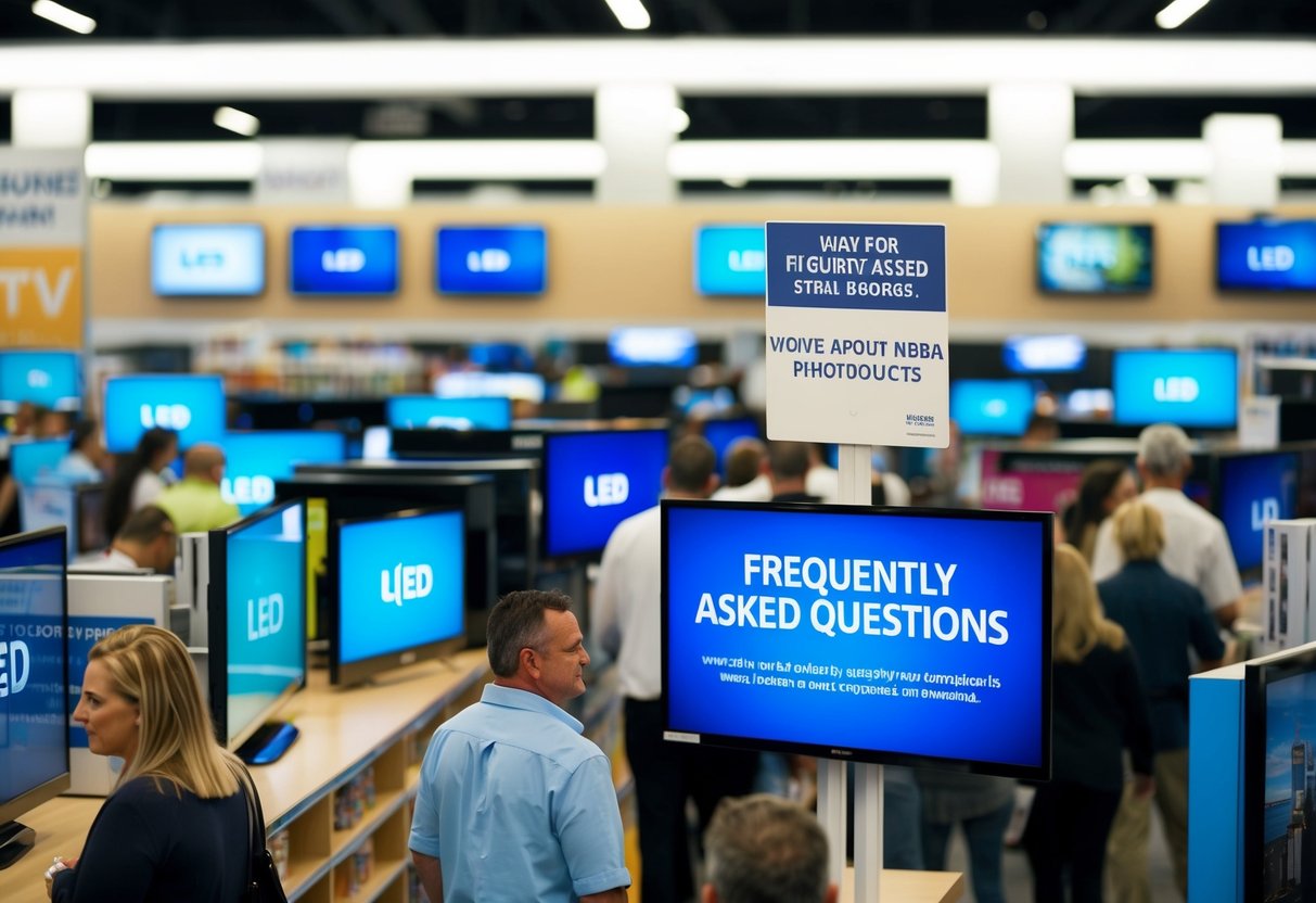 A crowded store with a large display of LED TVs and a sign promoting "Frequently Asked Questions" about the products