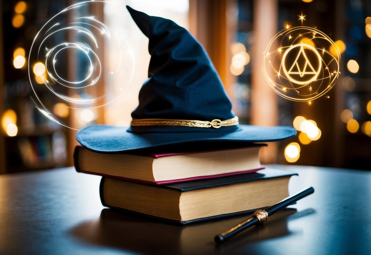 A wizard's hat, wand, and book on a table with swirling magical symbols around them