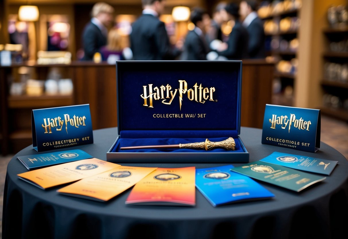 A table displays a Harry Potter Collectible Wand Set surrounded by promotional materials