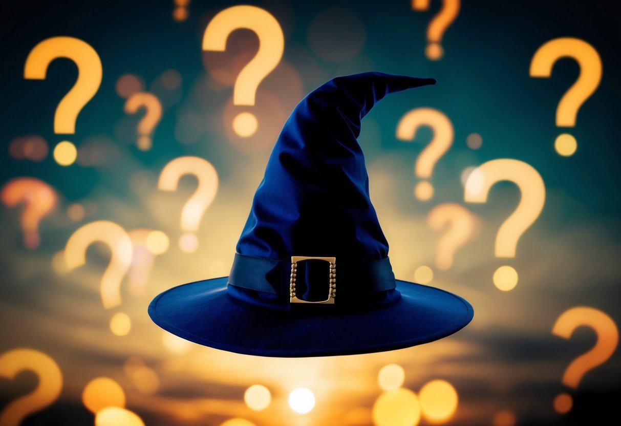 A wizard's hat surrounded by floating question marks