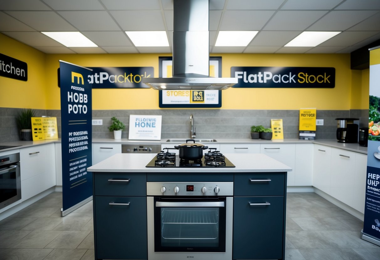 A kitchen with a sleek, modern flat pack hob and hood set on a countertop, surrounded by promotional signs and banners