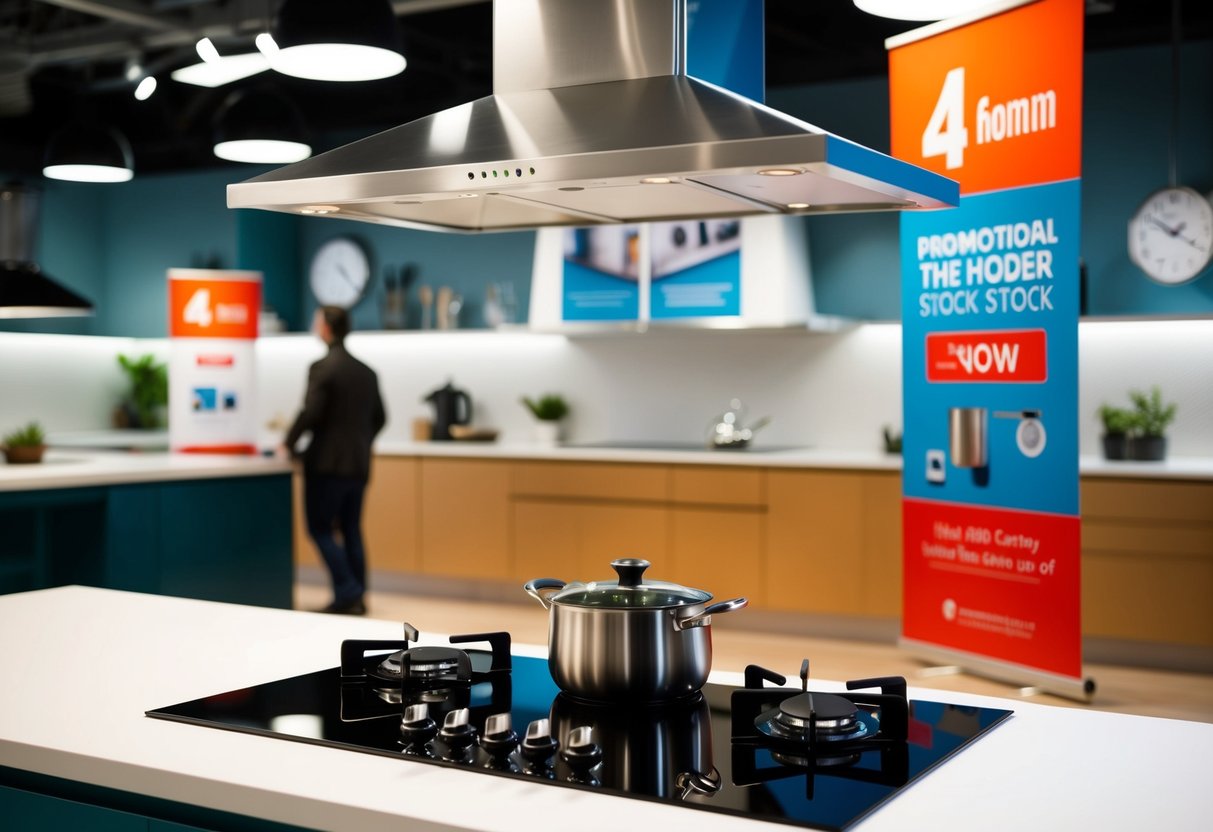 A hood and hob with promotional banners displayed in a kitchen showroom