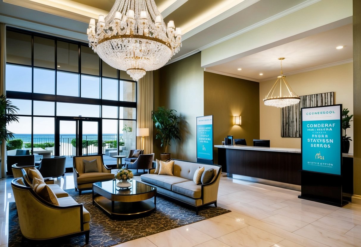 A luxurious hotel lobby with a grand chandelier, plush seating, and a concierge desk promoting staycation packages