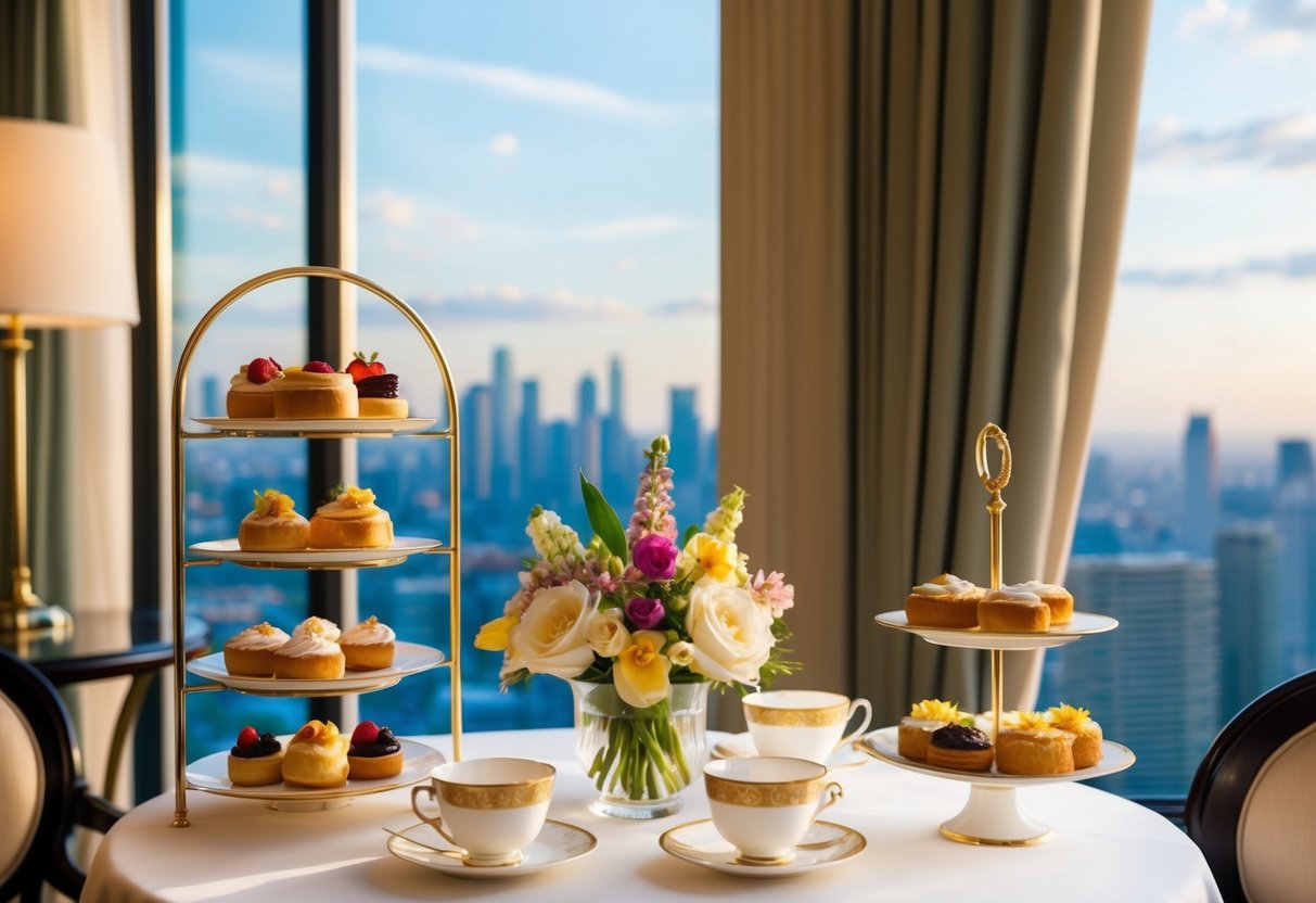 A luxurious hotel room set up for high tea afternoon promotions, with elegant teacups, tiered trays of pastries, and fresh flowers on a table by a window overlooking a city skyline