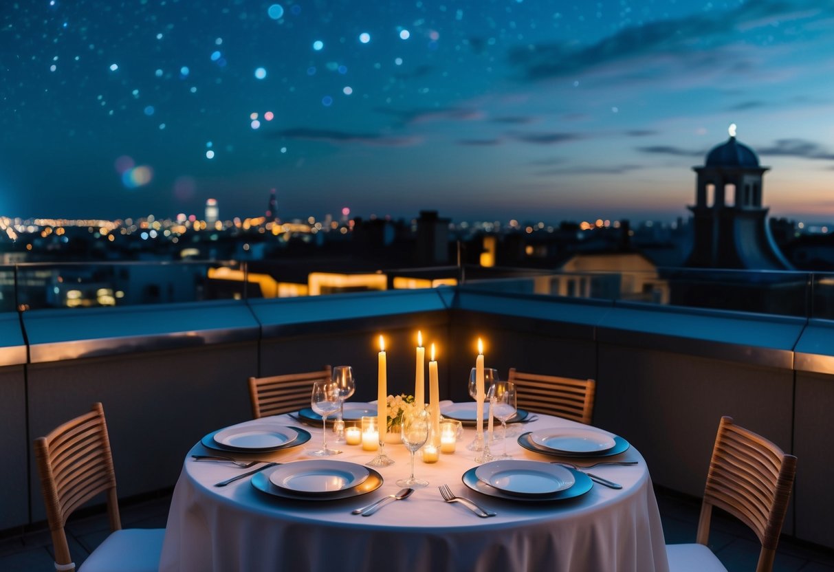 A candlelit table set with elegant dinnerware on a private rooftop terrace, overlooking city lights and a starry sky