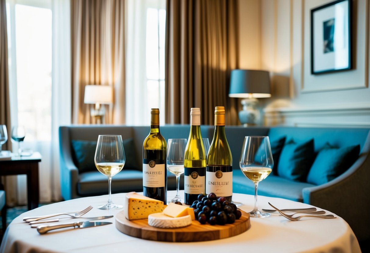 A cozy hotel room with a wine tasting setup, including bottles, glasses, and cheese platter, surrounded by elegant decor and soft lighting