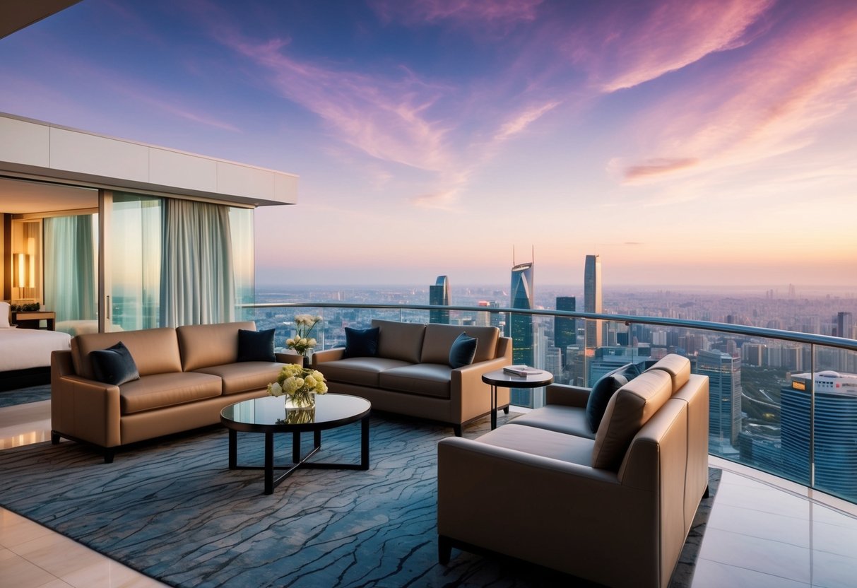 A lavish hotel suite with modern furnishings and a panoramic city view
