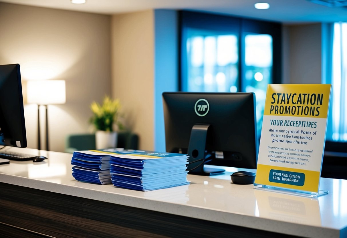 A hotel reception desk with a stack of brochures, a computer, and a sign advertising staycation promotions