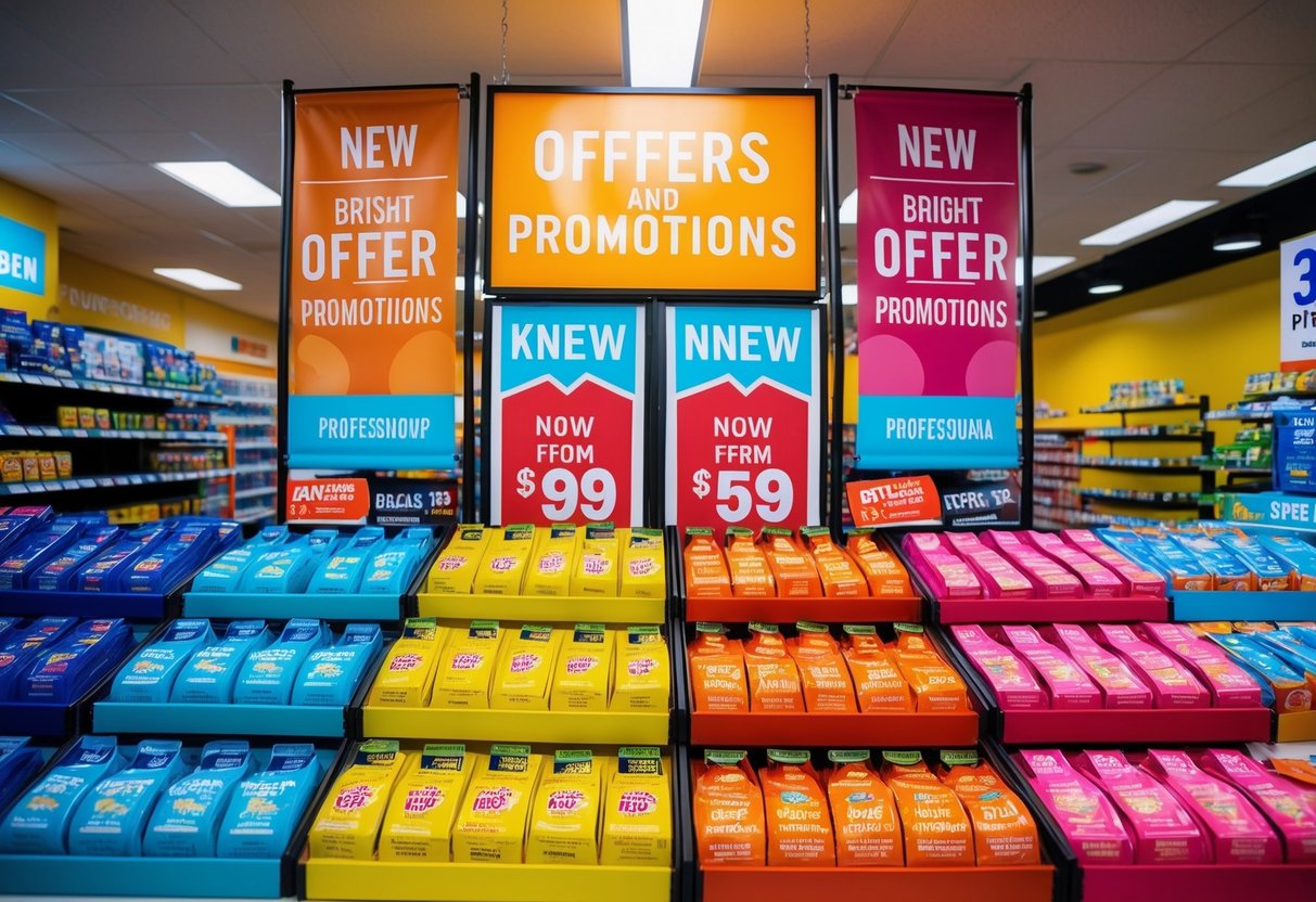 A colorful display of products with bright banners and signs promoting offers and promotions