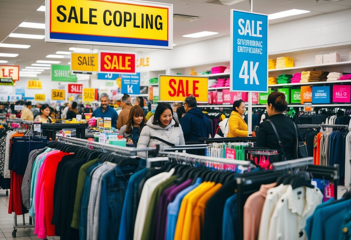 A bustling store with colorful sale signs and busy shoppers browsing through racks of clothing and shelves of products
